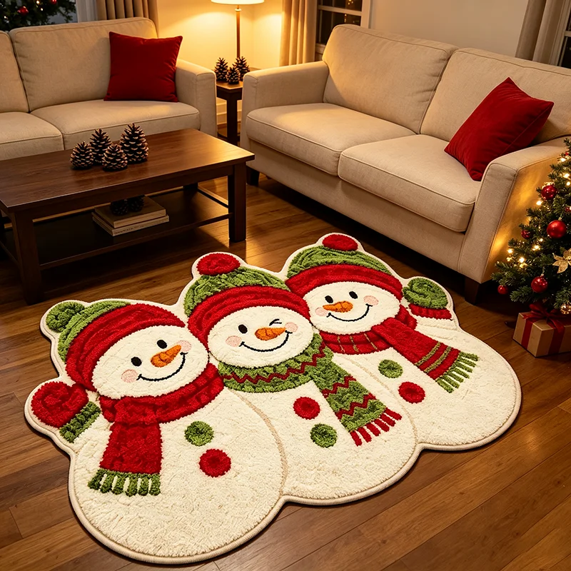 Cute Cartoon Christmas Snowman Irregular Rug Home Decoration Sofa Living Room Carpet Soft Fluffy Bedroom Bedside Floor Mat