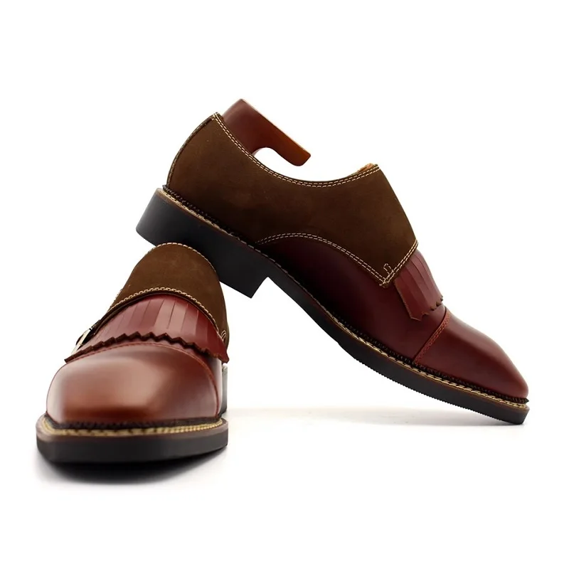 Spring/Summer New Genuine Leather Tassel Brown Monk Shoes with Square Heels and Elevated Banquet Large and Small Men's Shoes