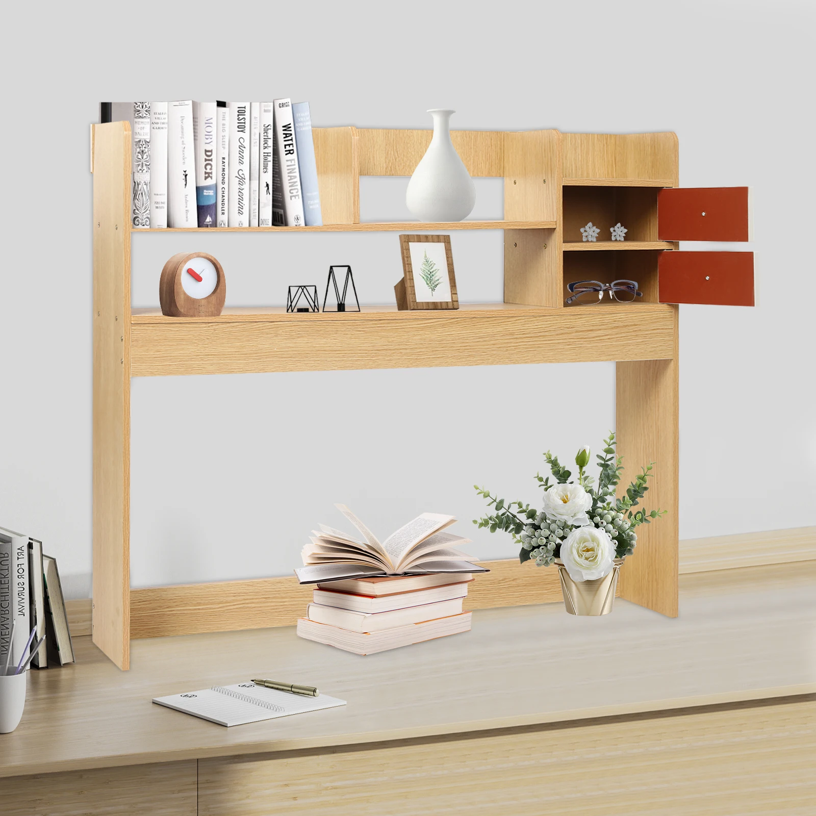 رف الكتب المكتبي، حامل تخزين المكتب الخشبي، رف منظم عرض سطح المكتب من 3 طبقات
