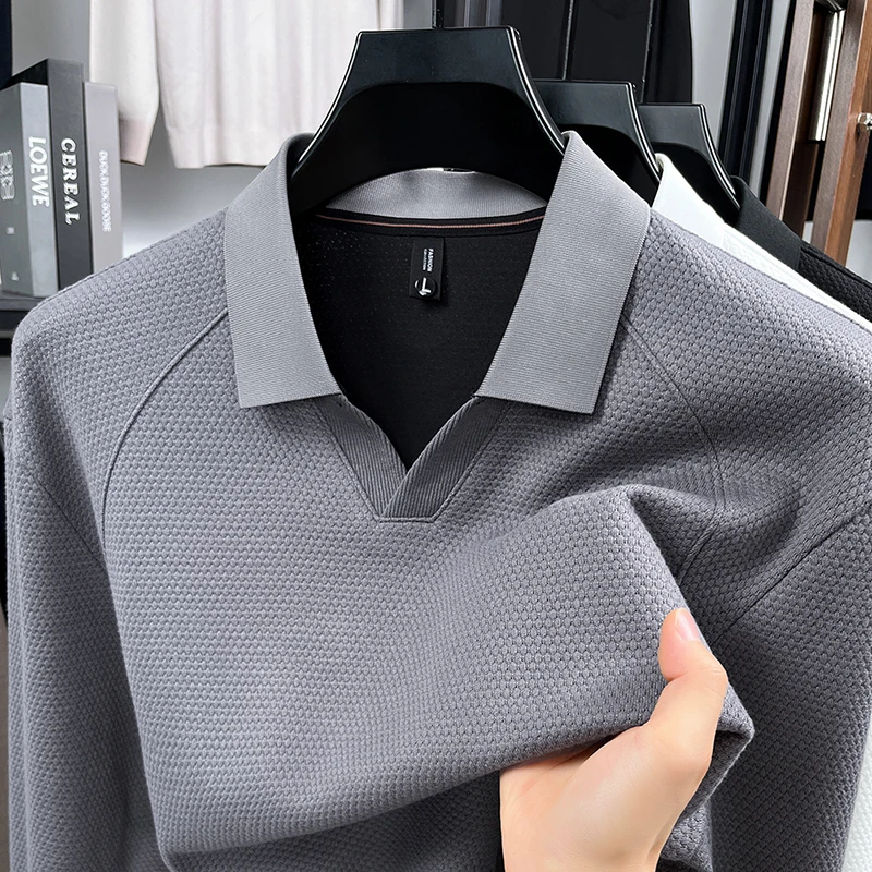 

Designer Original Men's Long Sleeve Knit Polo V-Notch Collar Textured Fabric Soft Breathable Anti Pilling Spring Autumn Clothing