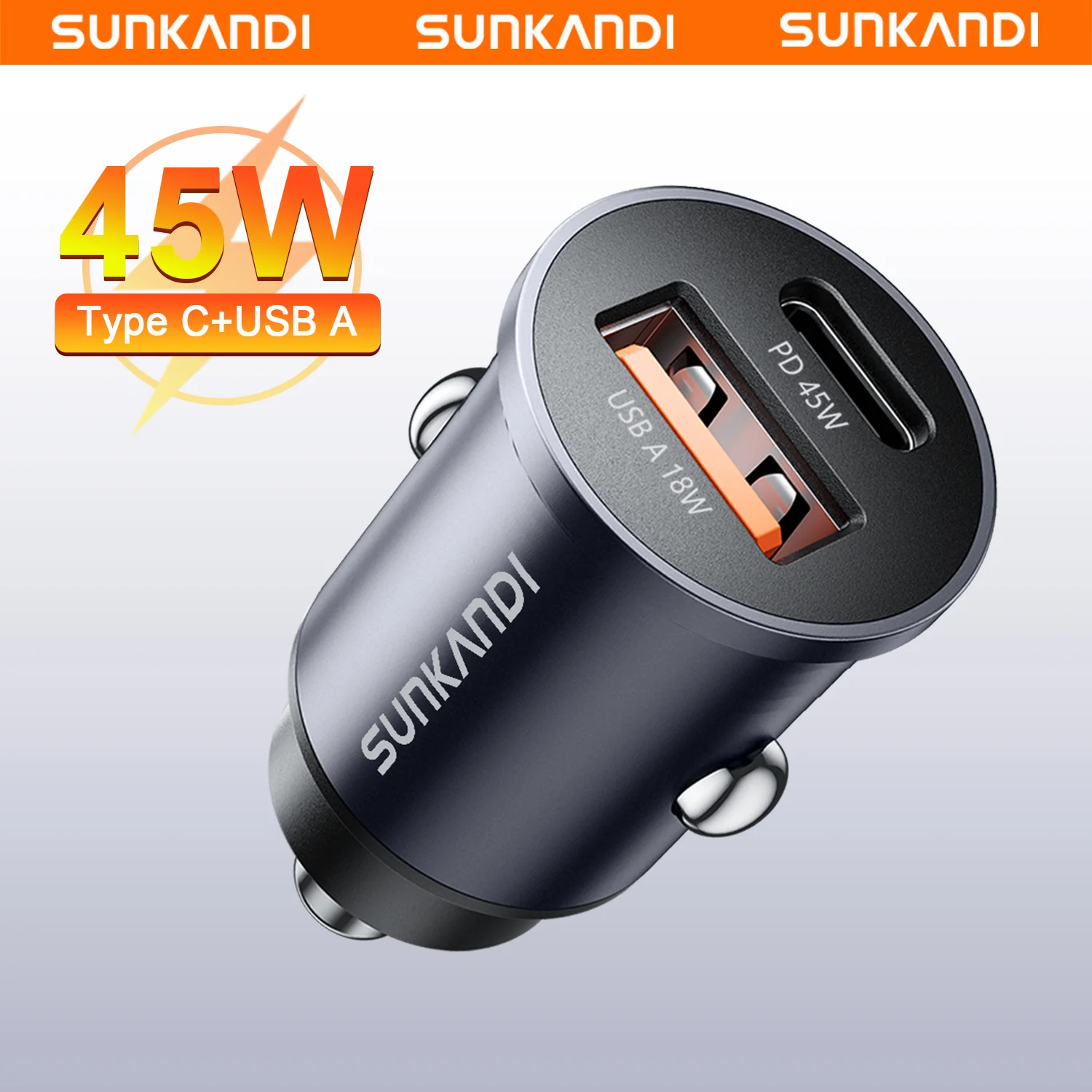 SUNKANDI 45W USB C Car Charger， QC 3.0 PD 3.0 SCP AFC USB Type C Car Mobile Phone Charger For iPhone Huawei Samsung Xiaomi iPad