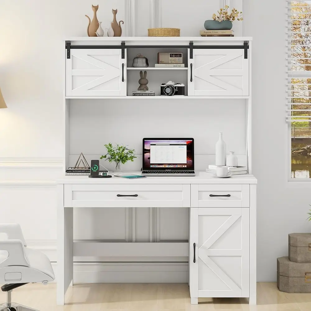 

Письменный стол 47 Cream White Executive с двумя выдвижными ящиками, тумбой для хранения и зарядной станцией для домашнего офиса