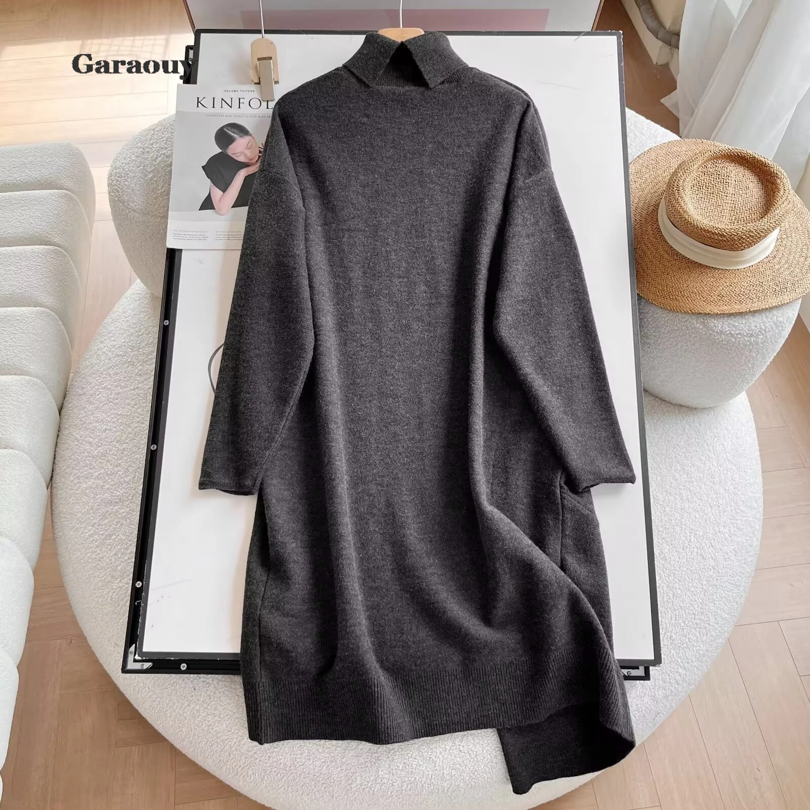 Garaouy Autumn Winter New Sweater Dress Women\'s Long Pullover Loose Versatile Elegant Knitwear Bottom Long V-Neck Dresses