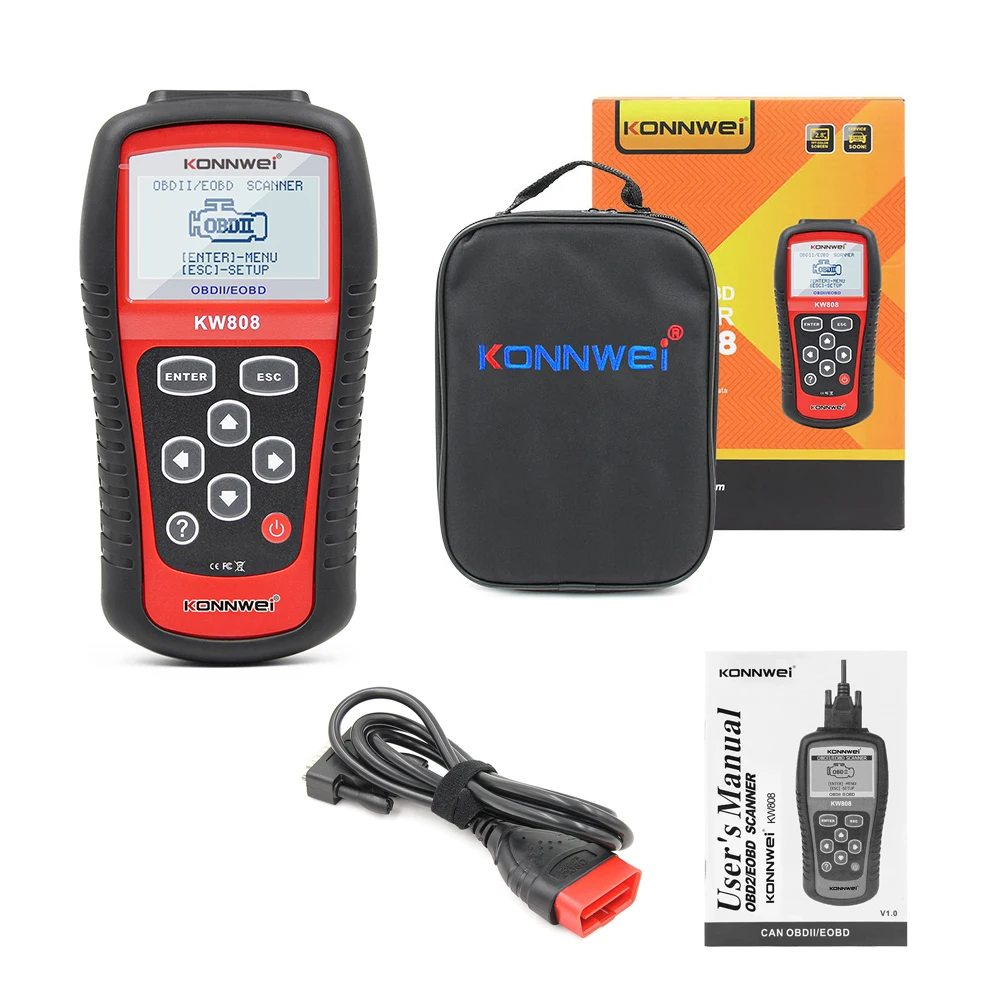 KONNWEI KW808 EOBD CAN Car Scanner OBD 2 Auto Automotive Diagnostic Tools Engine Fualt Code Reader OBD2 Tools Large LCD Screen