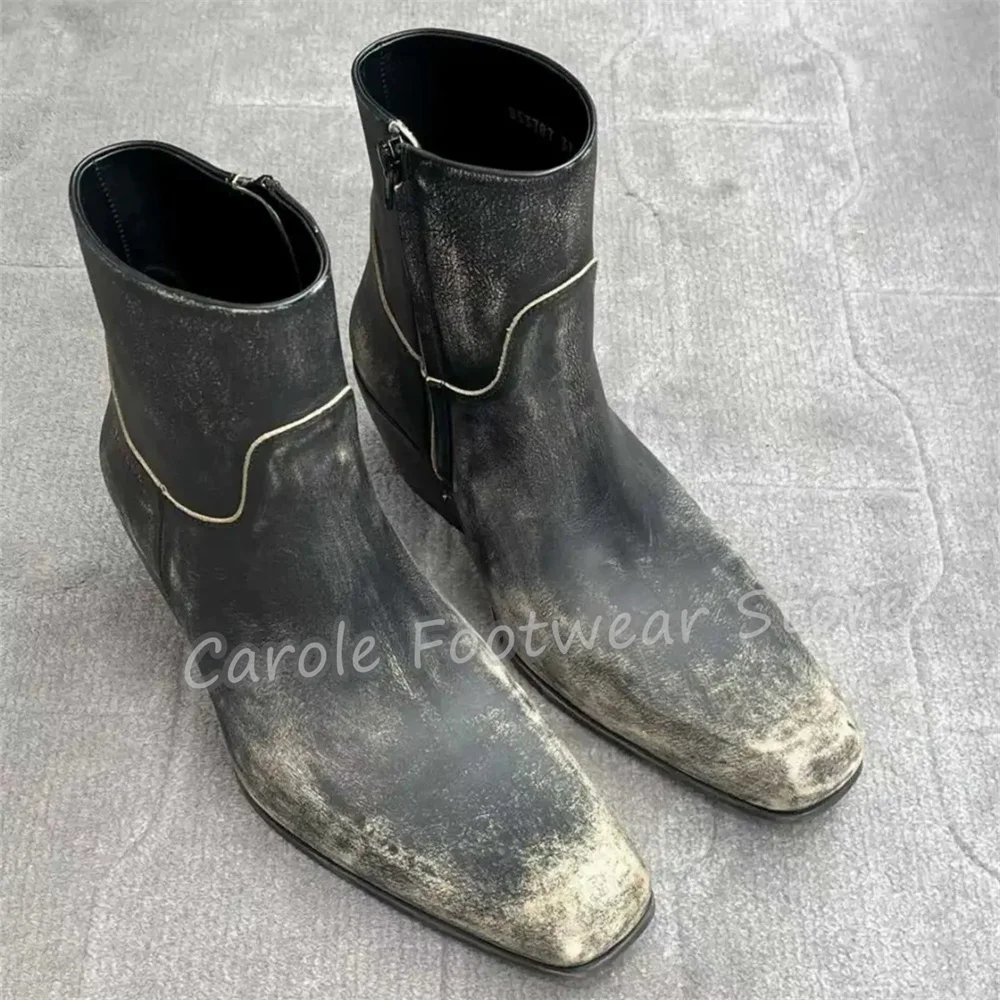 Vintage Distressed Western Cowboy Chelsea Boots Male Mixed Color Pointed Toe Block Heel Ankle Boots Unisex Casual Short Boots