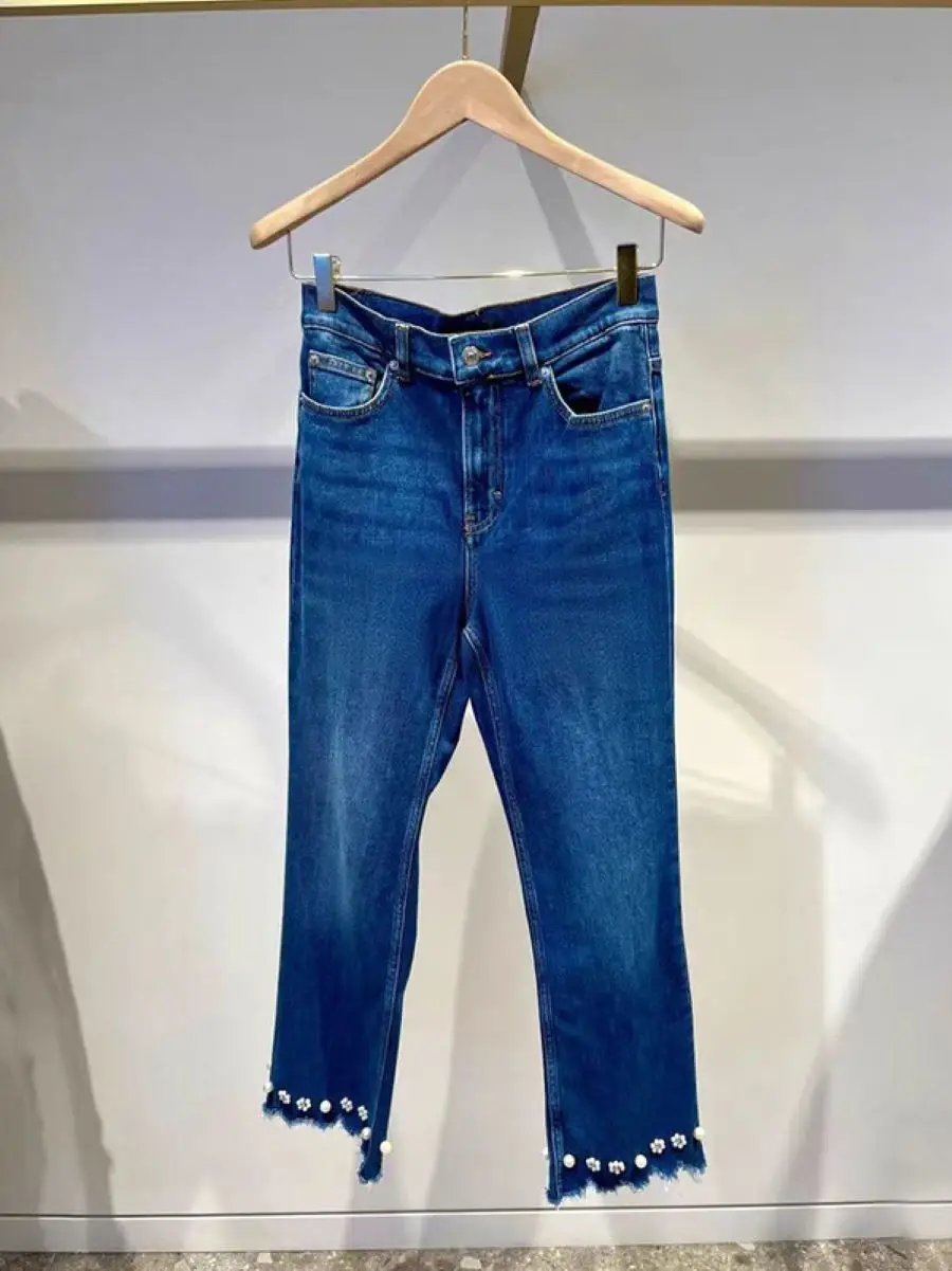 

Women's Pearls Decoration Denim Pants 2026 New Fashion Blue Trousers Low Waist Straight Casual Jeans