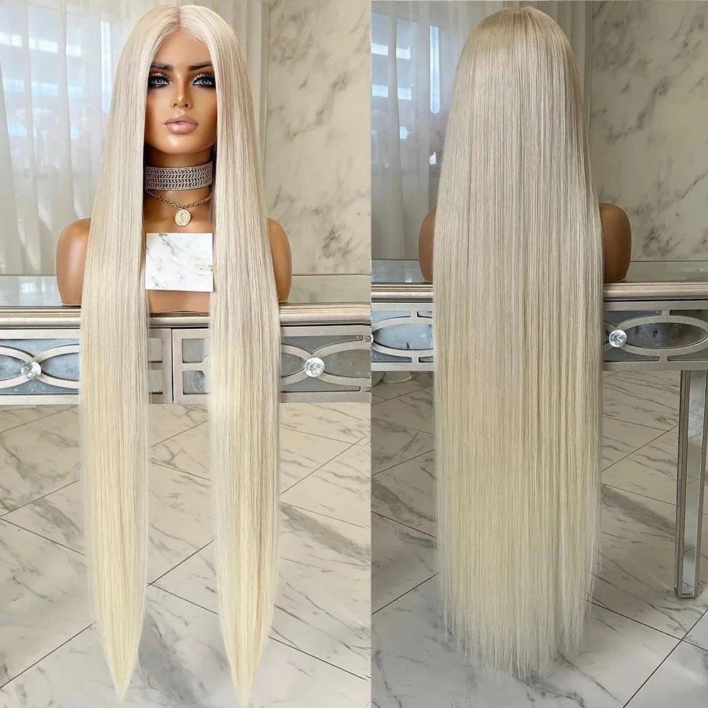 Soft Preplucked Ash Blonde White 60 color 30Inch 180Density Straight Lace Front Wig Synthetic Glueless Daily Wear Wigs