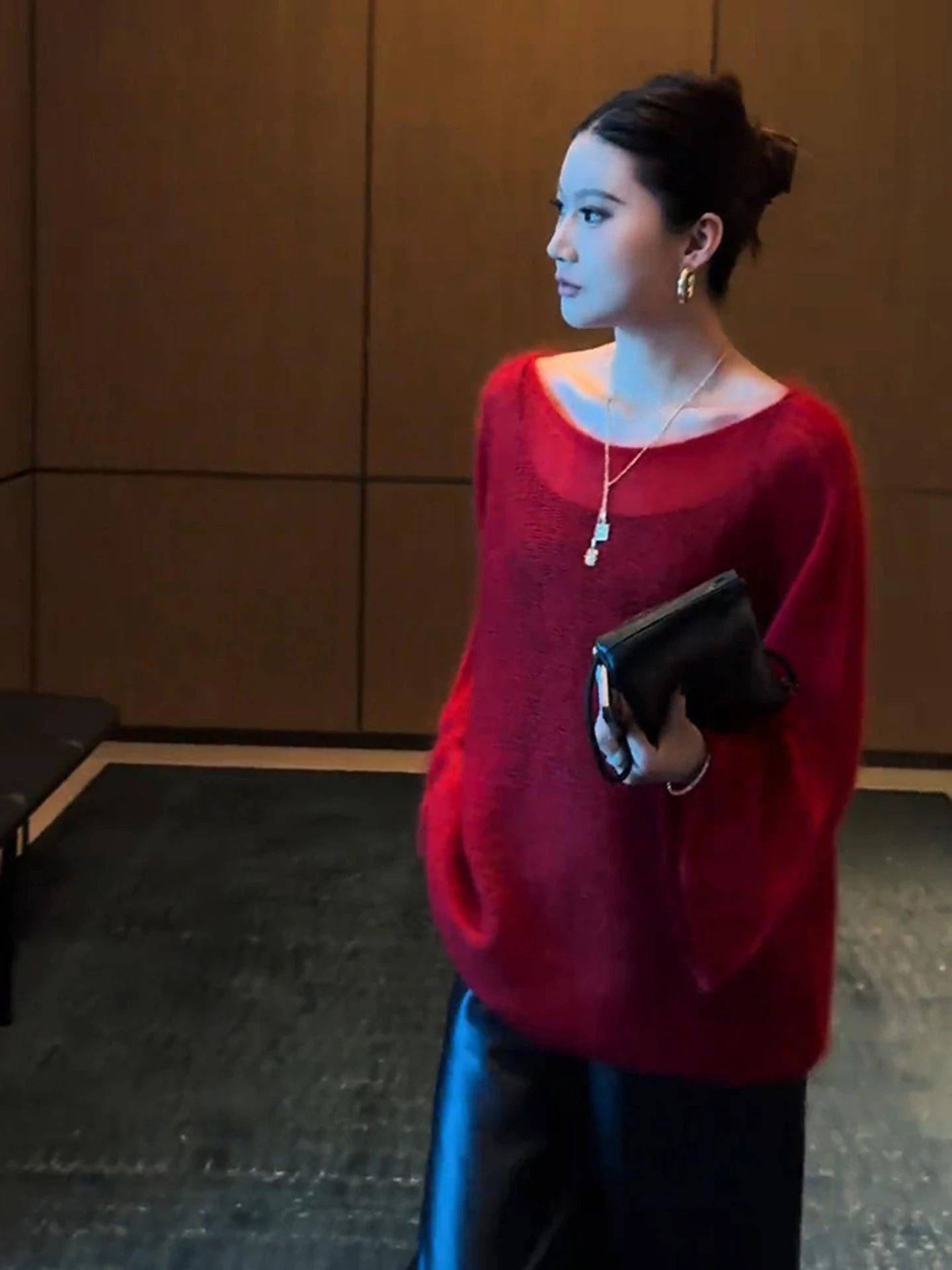 High-End Pre-Autumn Red Knitted Sweater Beautiful Unique Premium Quality Loose Fit Long Sleeve Commute Style Single Piece