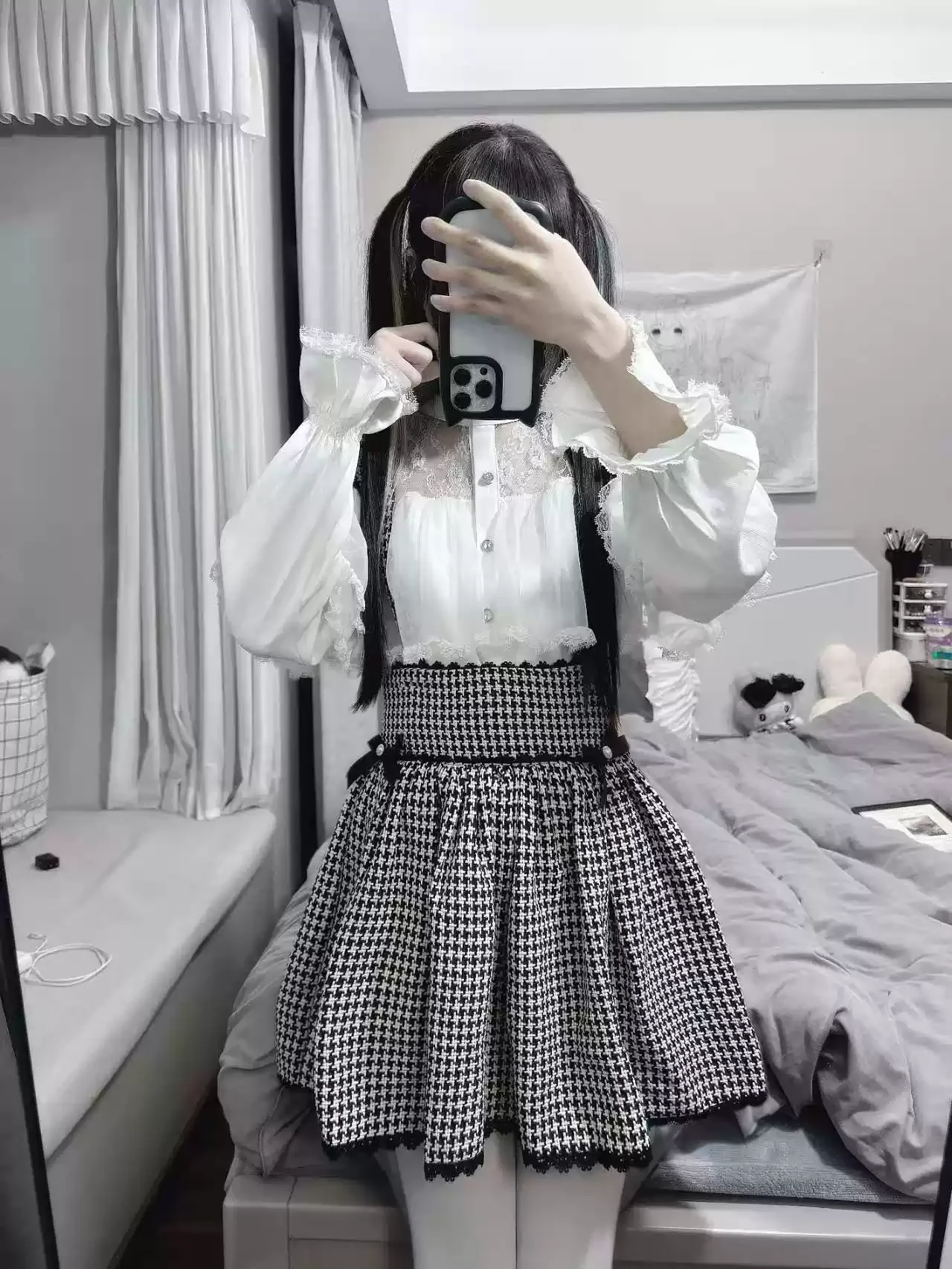 Japanese Sweet Cute Lace Petal Long Sleeved Chiffon Shirt Top Lolita Thousand Bird Grid High Waist Skirt White Suit Women