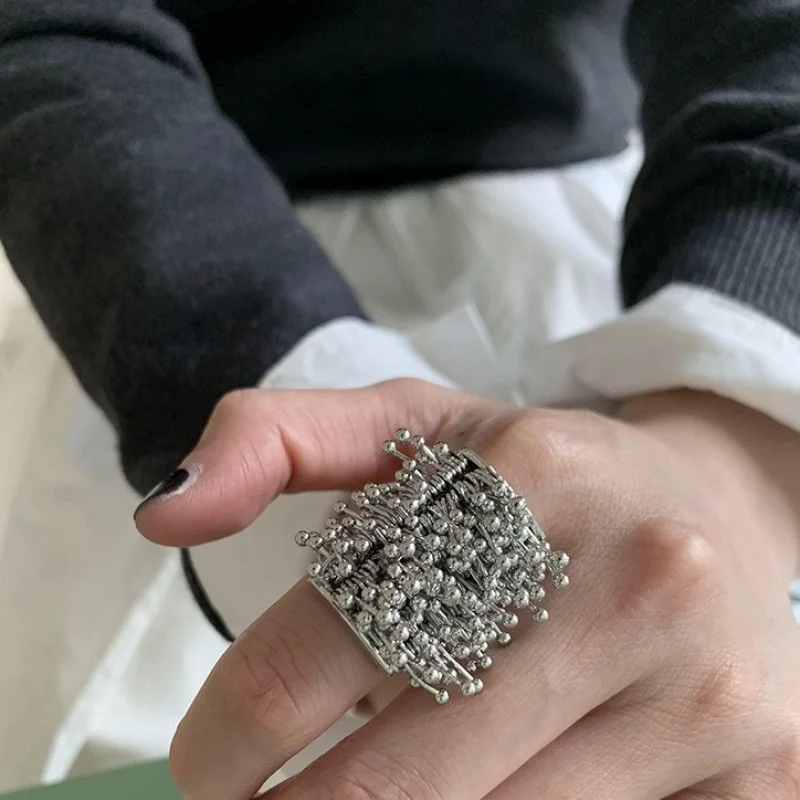 chic Silver Tone Multi-Layer Beaded Statement Ring with 3D Textured Design Abstract Art fashion jewelry
