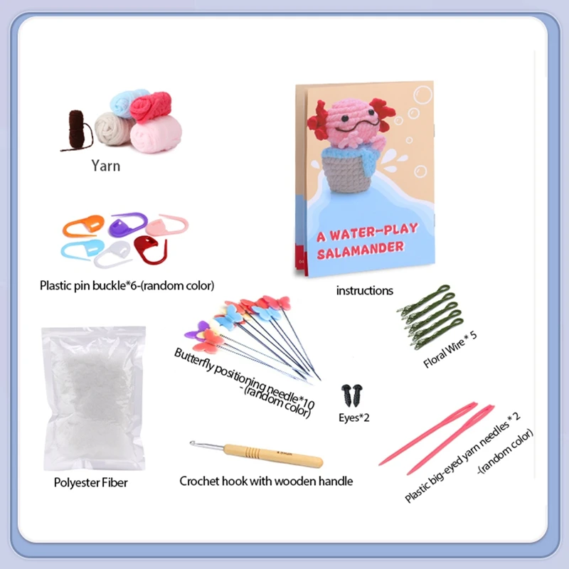 Crochet Kit DIY Salamander Crochet Kit With Knitting Yarn Needles Plush Doll Easy(Pink)