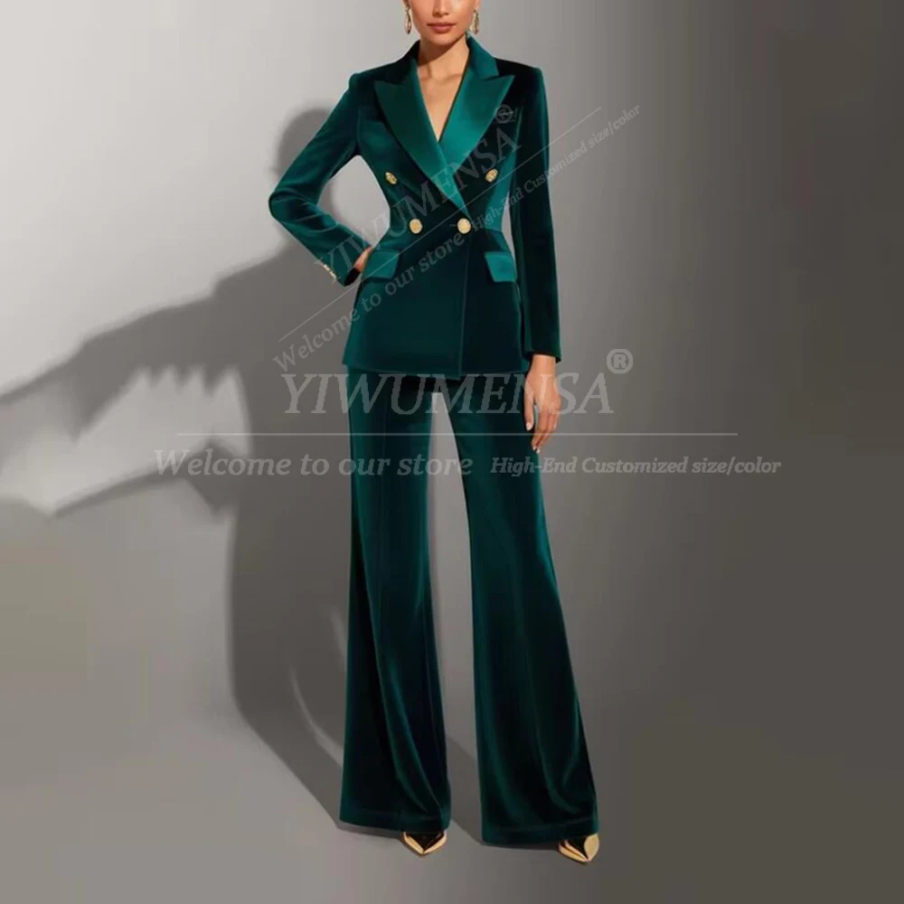 Costumes personnalisés en velours vert pour femmes, ensemble 2 pièces, veste à Double boutonnage, pantalon, tenue d'affaires, Tuxedos de fête formel