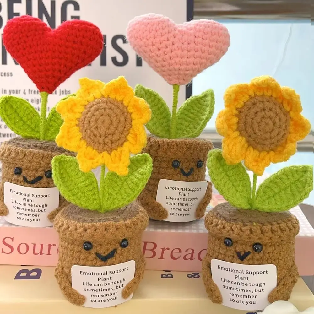 Handmade Positive Energy Crochet Flower Sunflower Love Heart Hand Woven Flower Potted Desktop Ornament Knitting Flowers