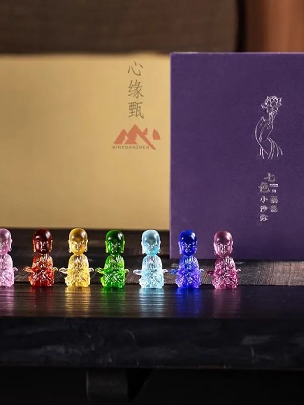 

Creative Cultural Small Monk Figurine Seven Color Good Fortune Glass Home Decorations Gift Box Chinese Tea Pet Statue