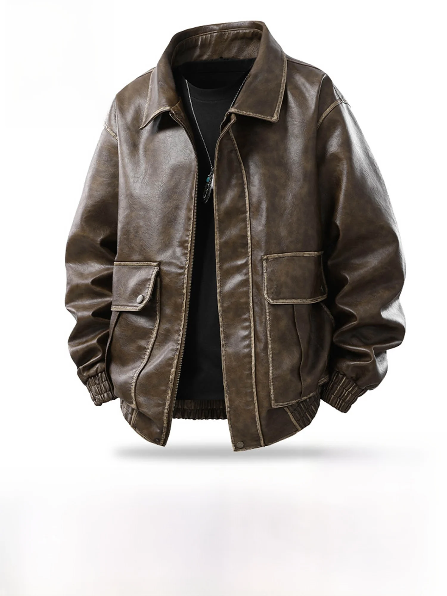 

Jeanswest American Retro Collar Workwear Leather Jaet Men's Casual Jaet Autumn Winter PU Leather Long Sve Zipper Closure