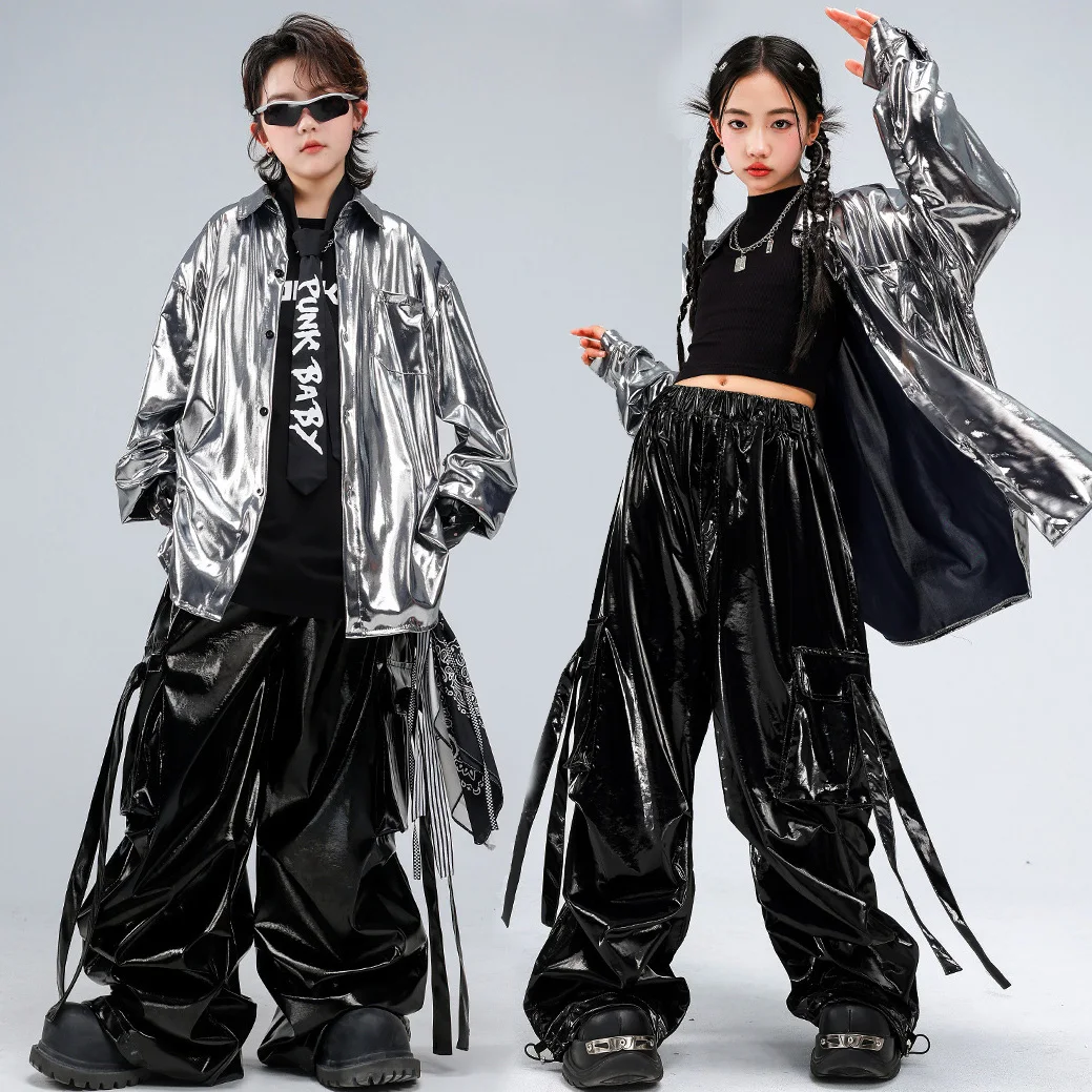 

Children Boys Girls Streetwear Hip Hop Stage Clothes Long Sleeve Leather Shirt Pants Sets Kids Coat Trouser Tracksuits Costume