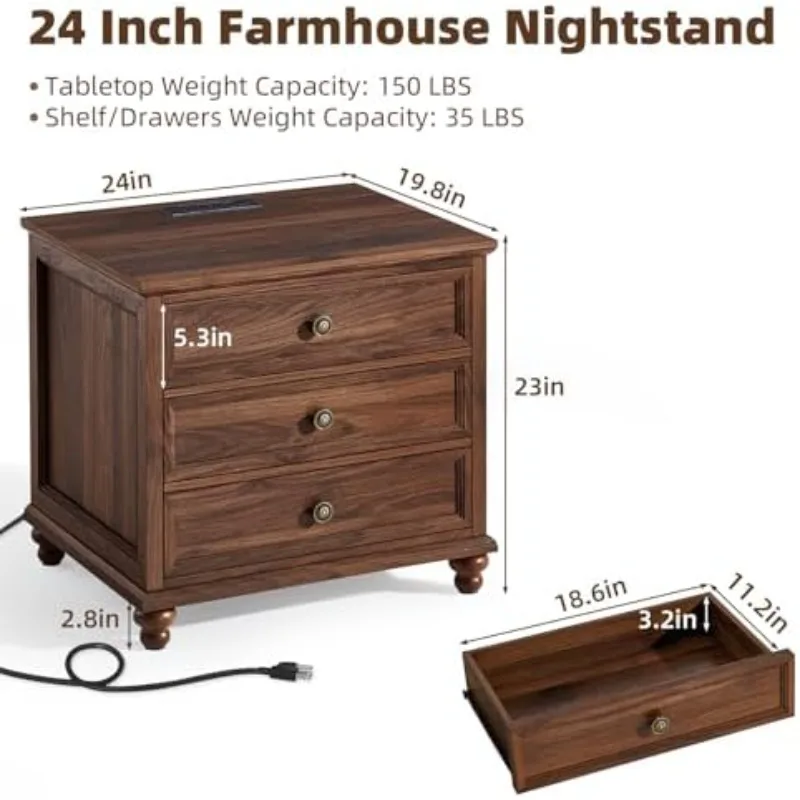 Farmhouse Nightstand Set of 2 with Charging Station, 24