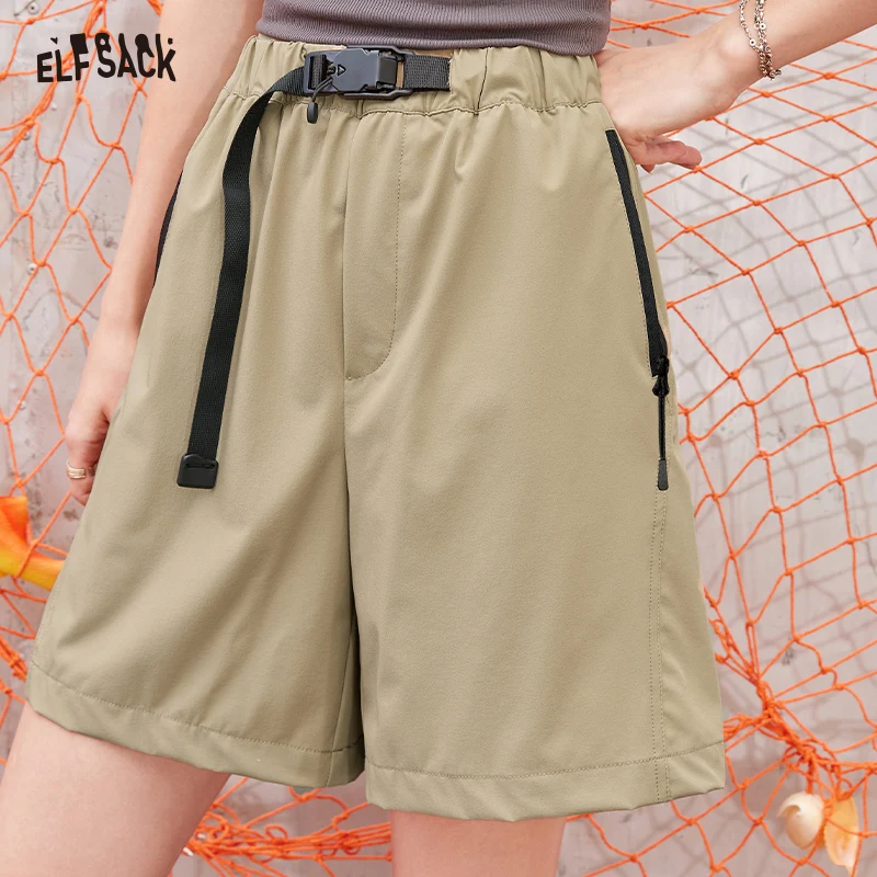 ELFSACK 2024 Summer New Arrivals Khaki casual five-point straight waist slimming overalls for women