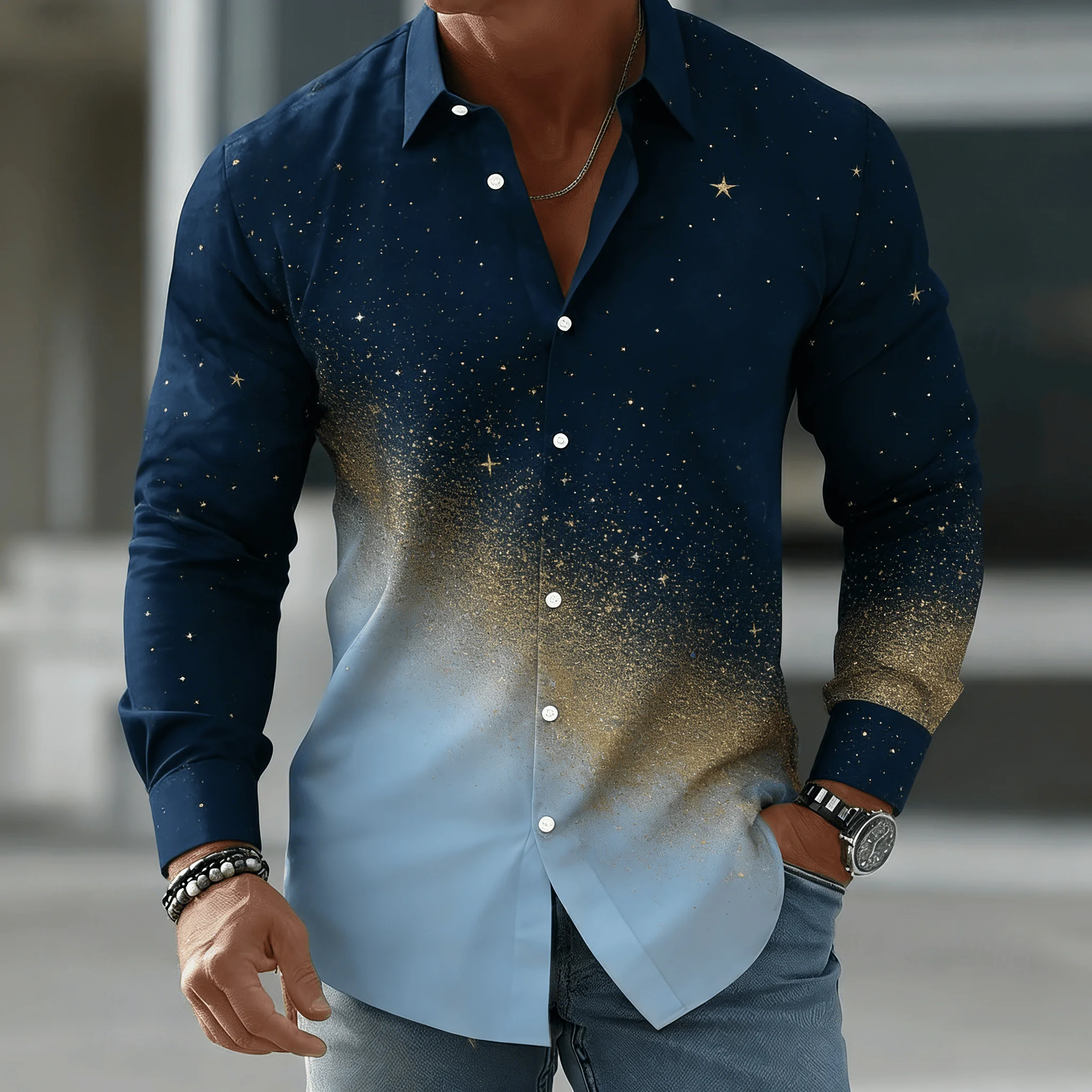 

Men's Ombre Blue to Gold Starry Gradient Lapel Shirt, Spring Summer Elegant Casual Top, Sparkle Night Sky Design
