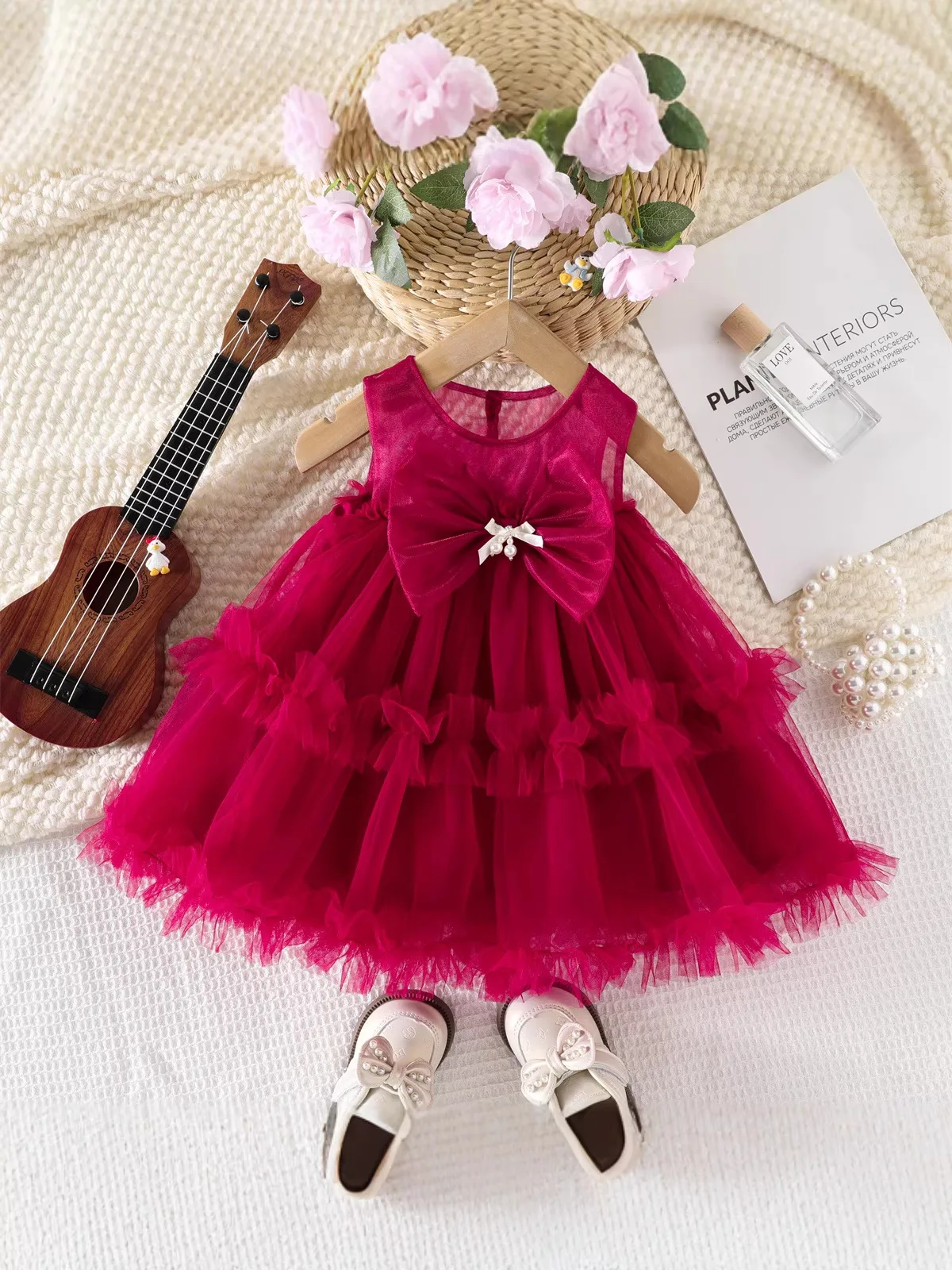 2026 New Summer Kids Mesh Dress 1-5T Solid Color Sweet Children Clothes Cute Bow Girls Sleeveless Dress Baby Outwear