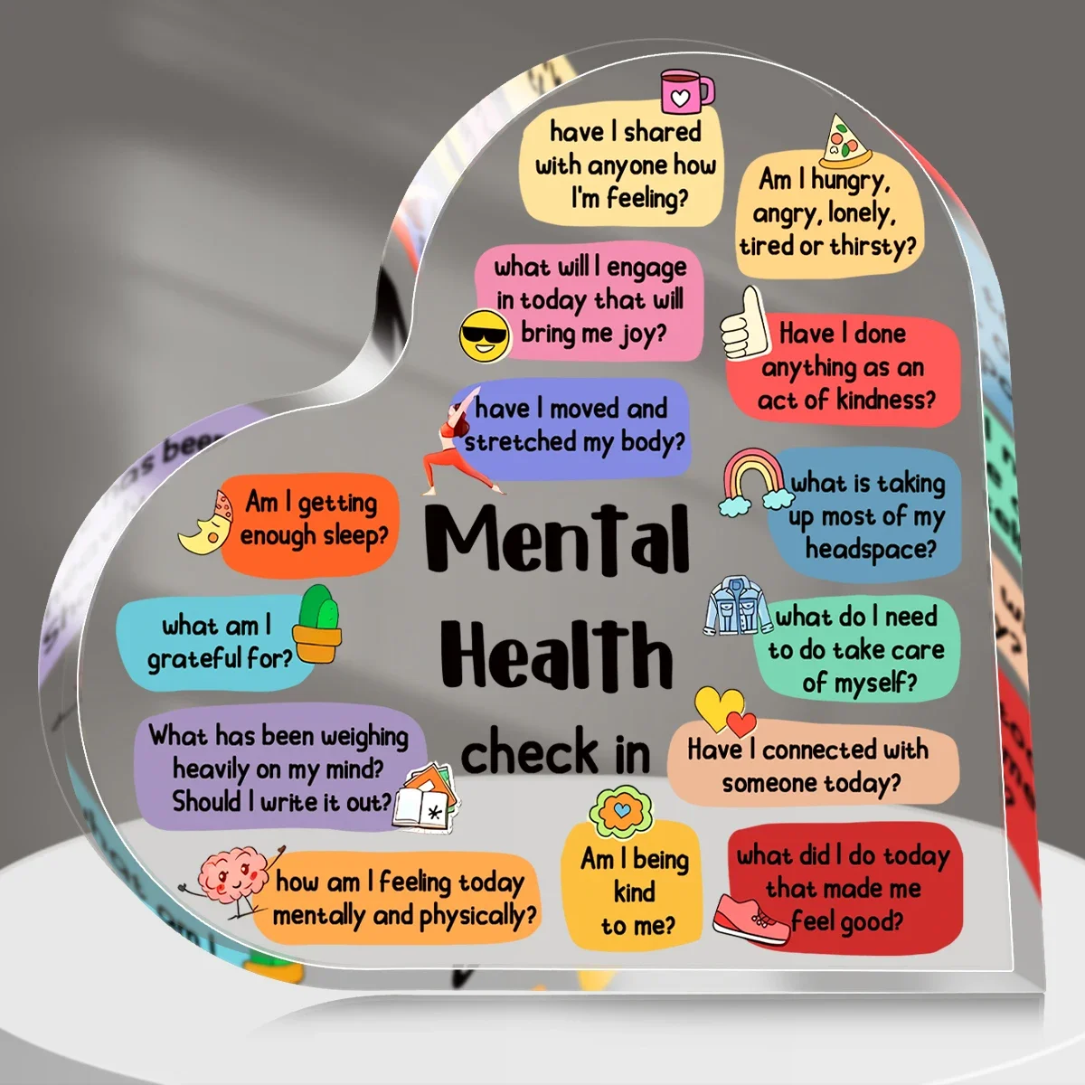 Color Cartoon Mental Health Check List Heart Acrylic Plaque Therapy Counseling Room Decor