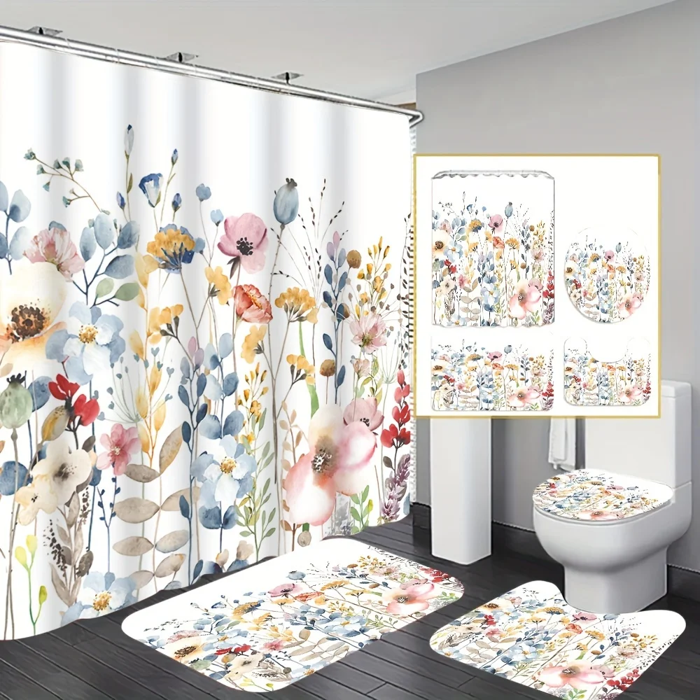 

Набор для ванной комнаты с цветочным принтом в стиле кантри, 4 предмета, занавеска для душа, нескользящий коврик, коврик для унитаза, U-образный коврик, полиэфирная ткань