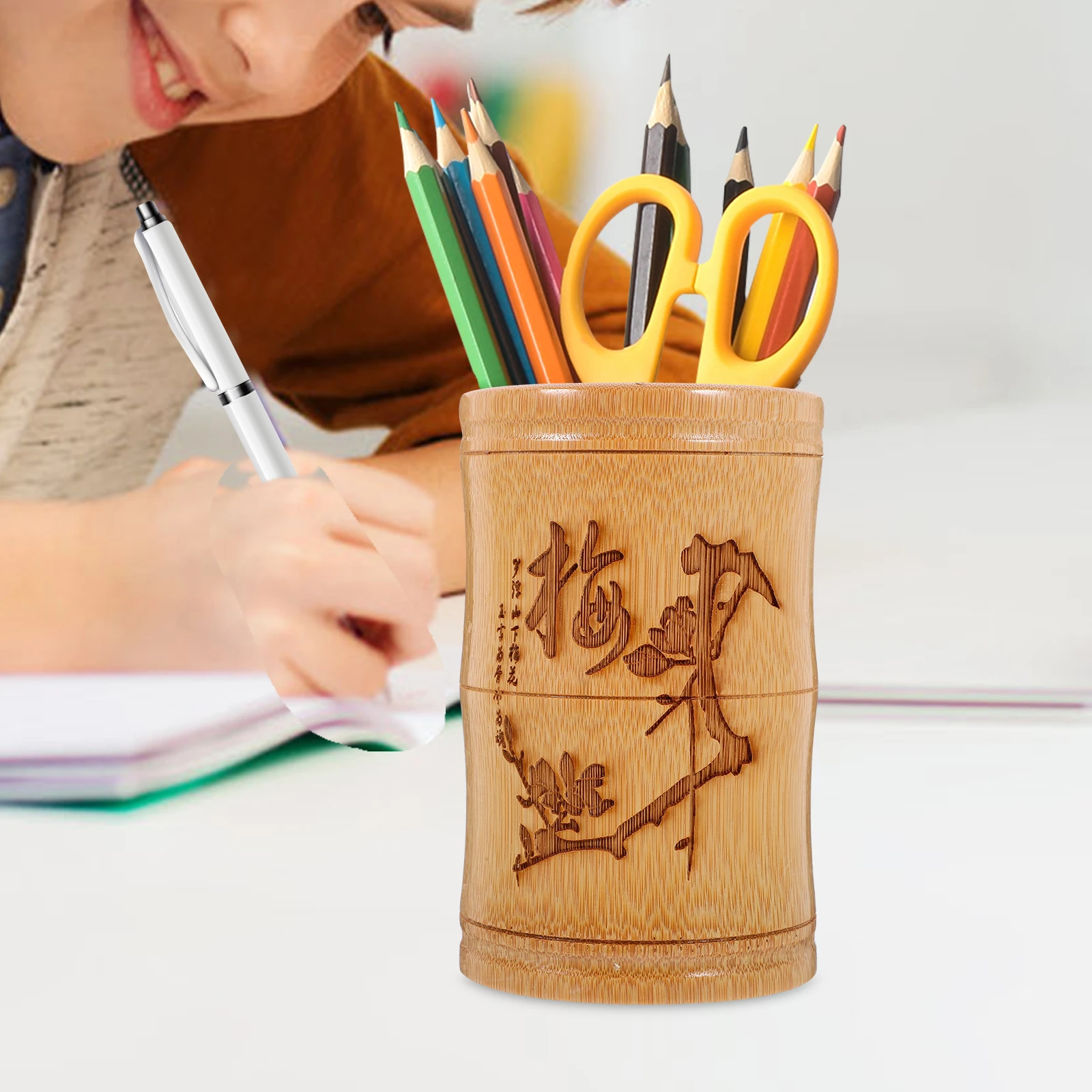 

Vintage Home Decor Bamboo and Wood Pen Holder Chinese Stationery Holders Decorative Pencil Office Desk