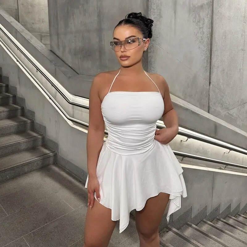 

Европейская и американская женская одежда 2025 года, однотонное короткое платье со складками и воротником нестандартной формы