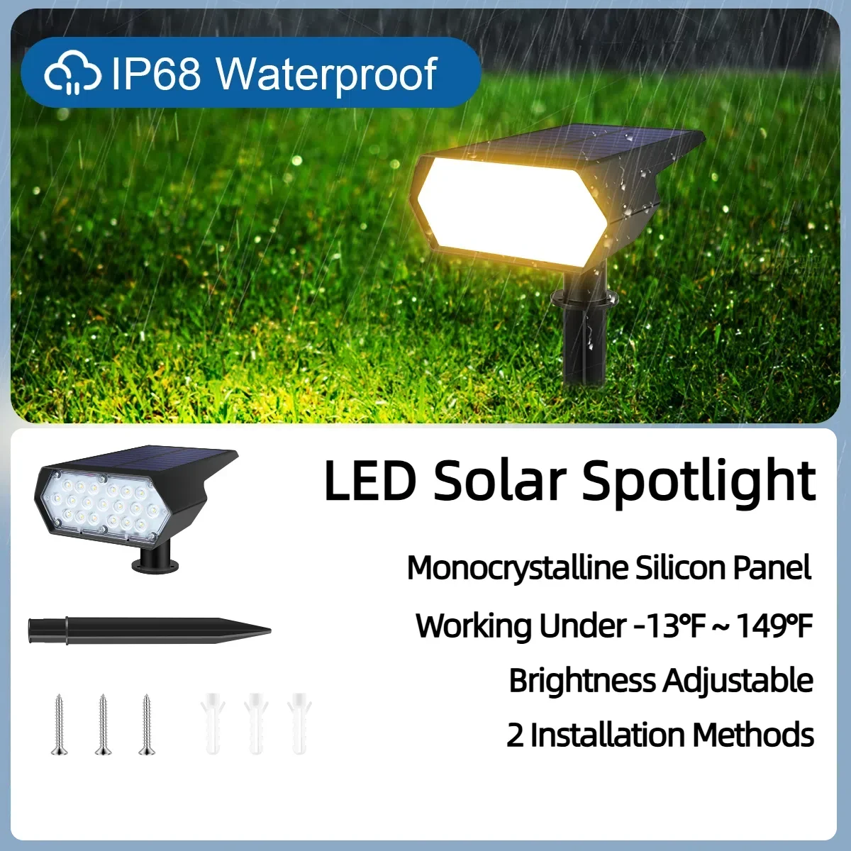 

Lawn LED Solar Spotlight IP68 Waterproof With Large Solar Panel Brightness Adjustable For Outdoor Garden Corridor Wall Decorat