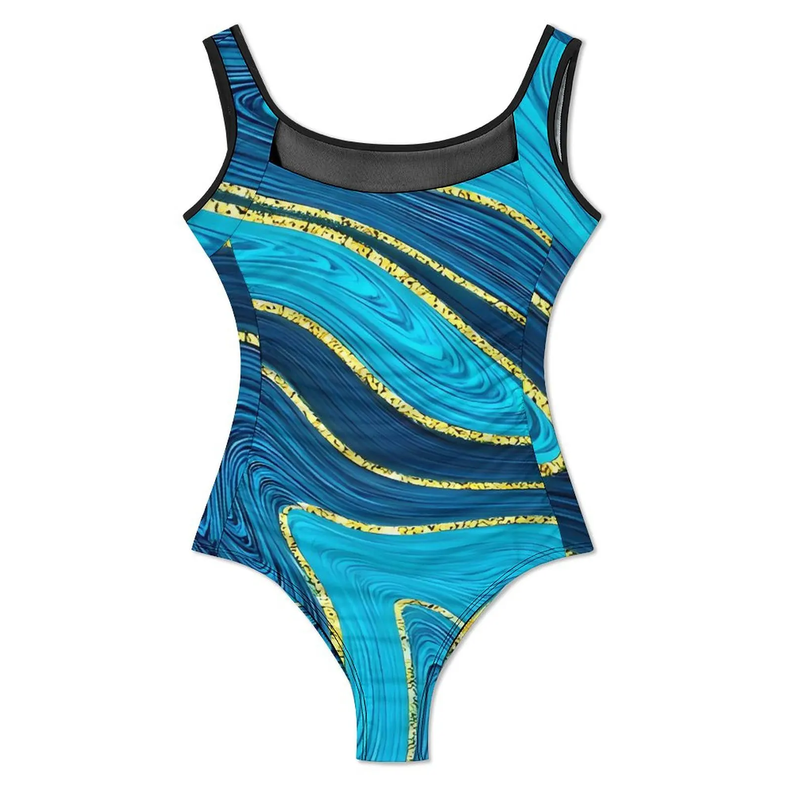 Blue And Gold Marble Swirls Art Swimsuit Push Up Swimwear One Piece Surfing Bathing Suit Bodysuit Sexy Beach Wear Plus Size