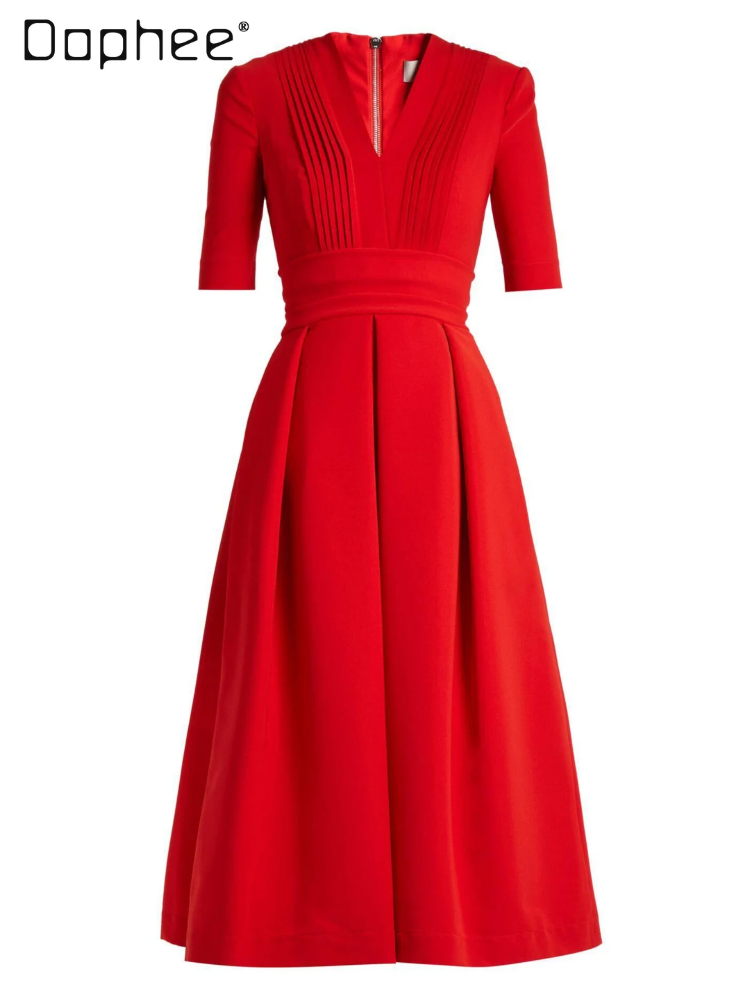 

Light Luxury High-End Elegant Red Dress for Women French Sweet V-Neck Short Sleeve Slim Long A-line Dress Evening Dresses