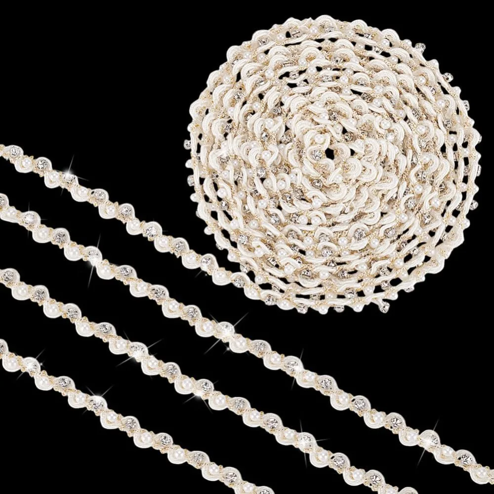 4 Yards Pearls Lace Ribbon 3/8 inch White Wavy Lace Ribbon Pearl Fringe Applique Rhinestone Lace Trim Fabric Gimp Braid Ribbon