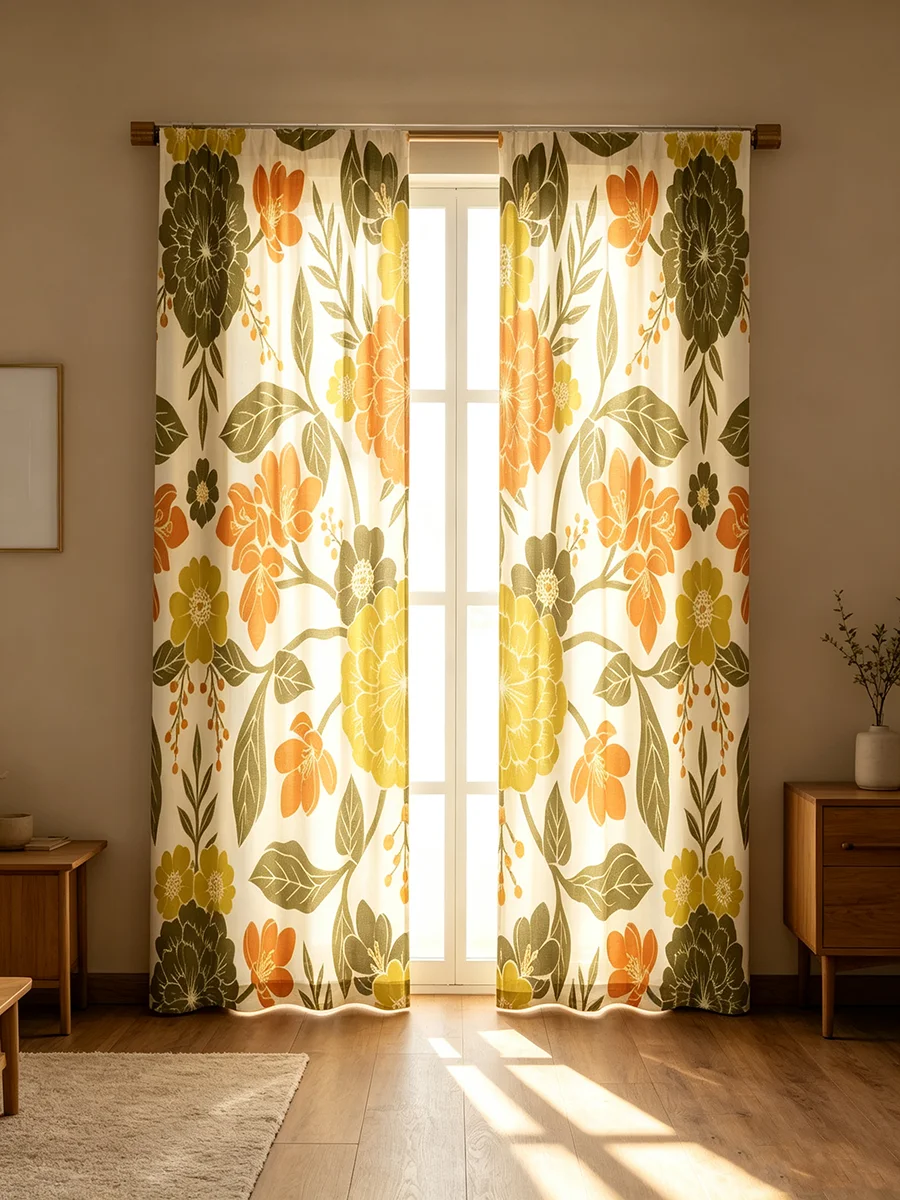 2PCS Digital Printed Curtains, Retro Yellow Green Floral Vine Pattern, 70s Bohemian Style for Living Room Bedroom Kitchen Home D