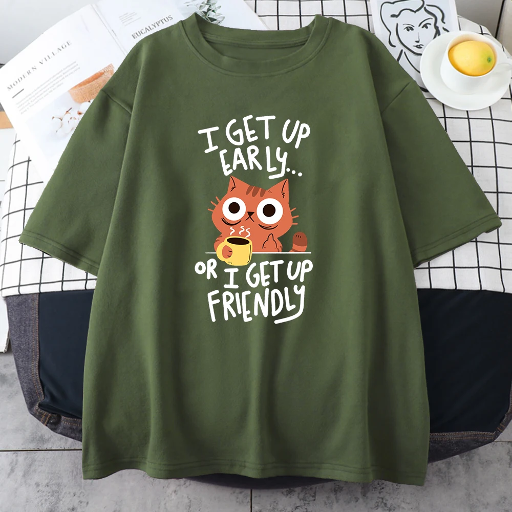 Morning Cat Hip Hop Coffee Cat Printing Male Cotton T-Shirts Creativity Vintage O-Neck Tee Clothing Breathable Oversize Men Tops