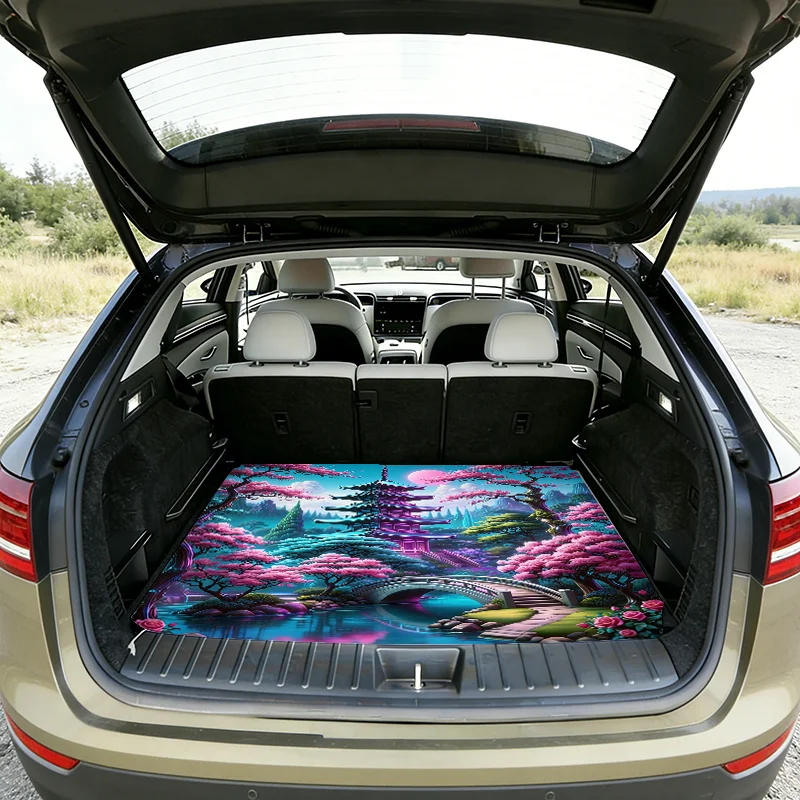 A Single Dreamy Cherry Blossom Trunk Mat Featuring A Vibrant Landscape Design, Easy To Maintain, Compatible With Both Suvs And S
