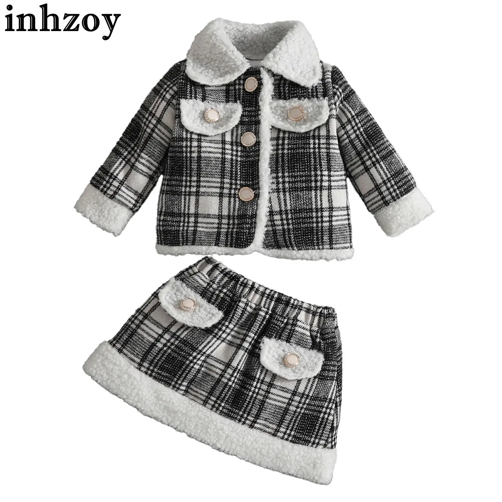 

Модный повседневный деловой костюм для маленьких девочек, клетчатое пальто с длинными рукавами и лацканами с флисовой отделкой и юбкой трапециевидной формы для дня рождения, свадьбы