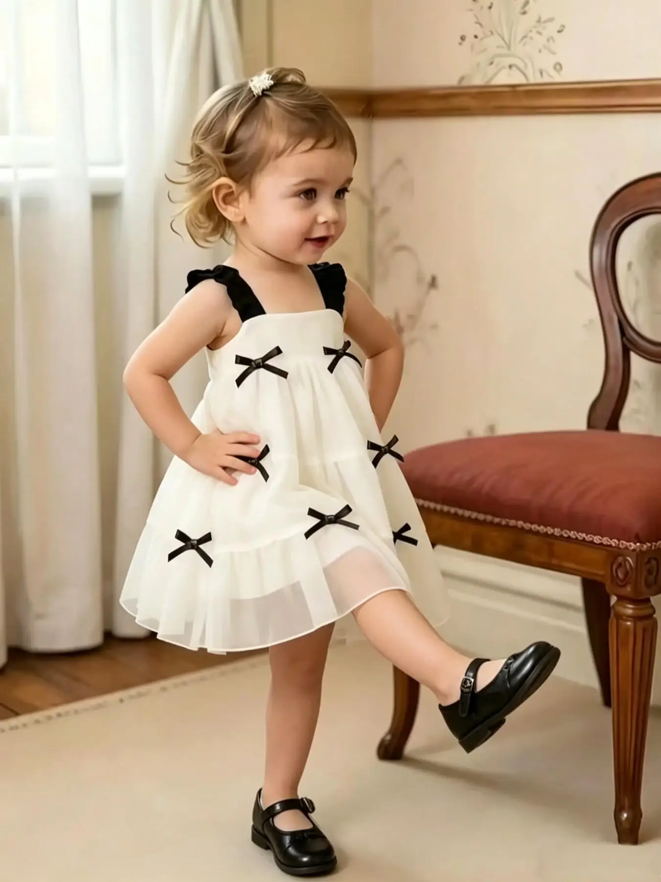 Vorschulmädchen-Kleid mit Schleifendekoration, Sonnenrock, plissiertem Schulterträger, mehrlagigem Design, hautfreundlichem Stoff, unverzichtbares Kleid für die Babygarderobe. – Detail 3