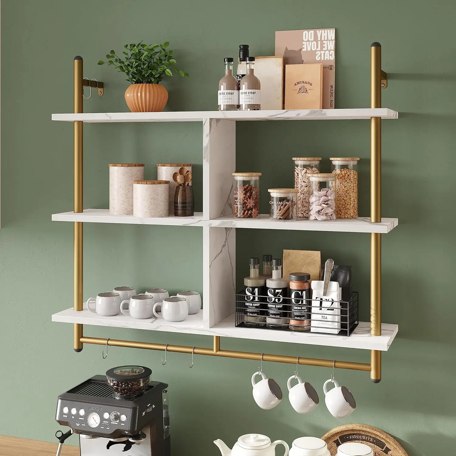 

3-Tier Wall-Mounted Floating Shelf with Hooks, White Faux Marble Finish for Kitchen and Home Storage
