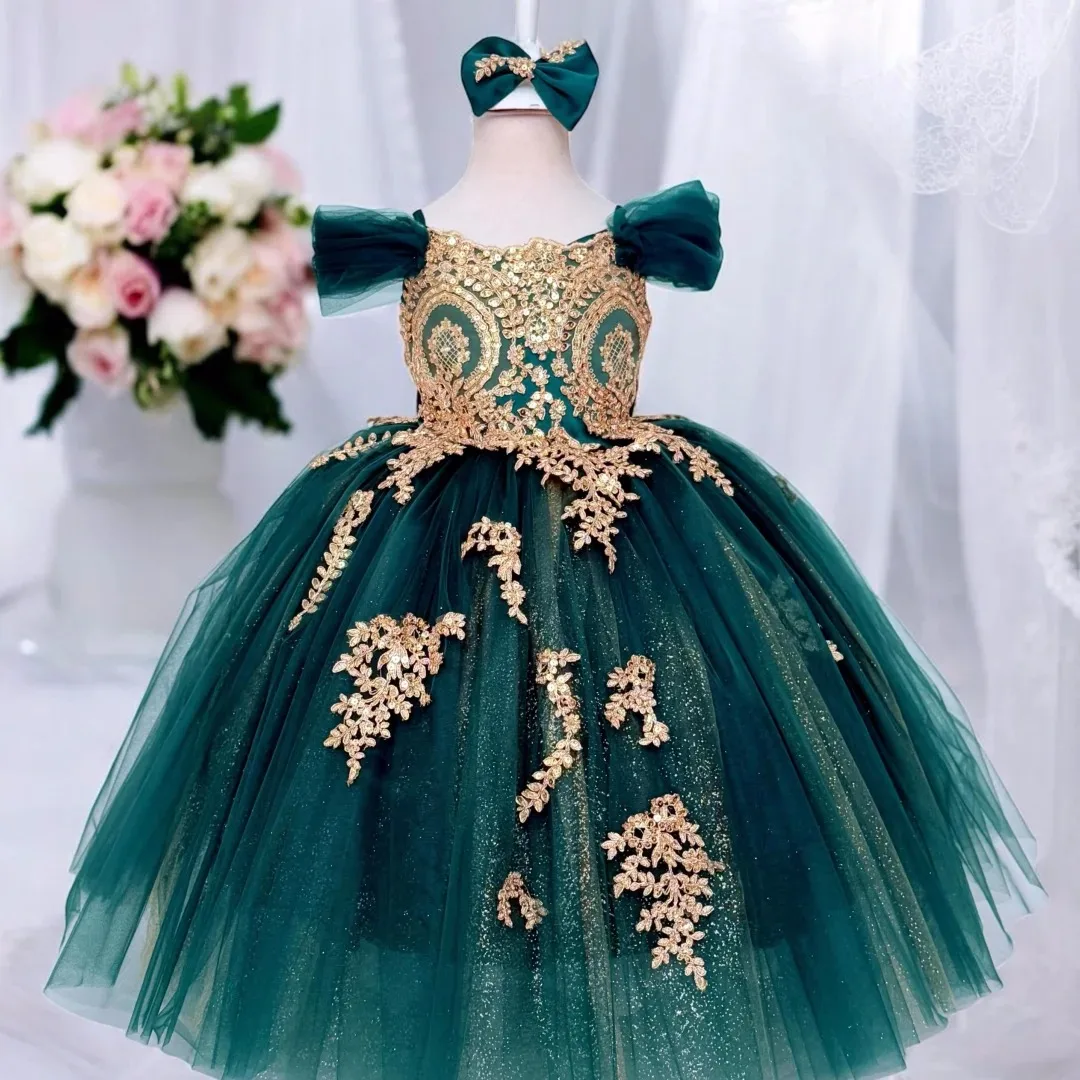 

Green Flower Girl Dresses for Wedding With Bow Gold Lace Appliques Off The Shoulder Baby Girl Birthday Ball Gown Customized
