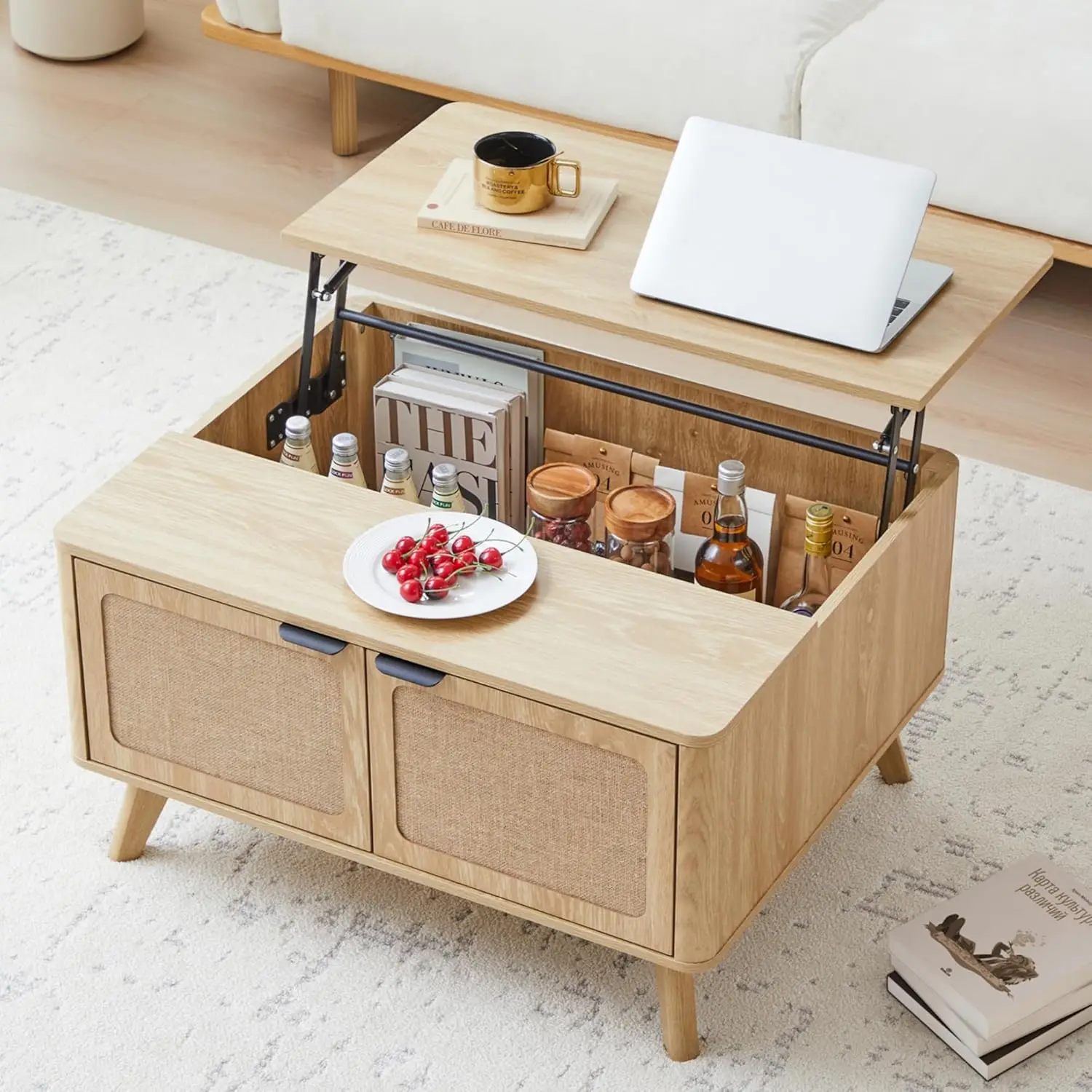 

Natural Boho Modern Lift Top Coffee Table - Wooden Farmhouse Center Table with Nature Linen Doors, Large Hidden Storage