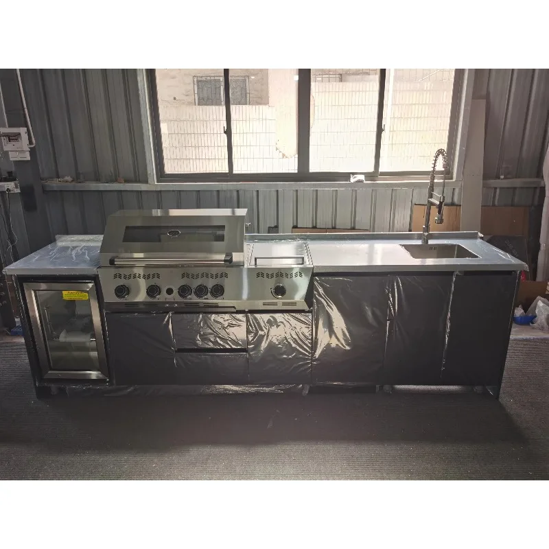 Armoires de cuisine d'îlot de barbecue extérieur en acier inoxydable 304 de 3 mètres, taille standard, directement de l'usine, pour villa, personnalisables