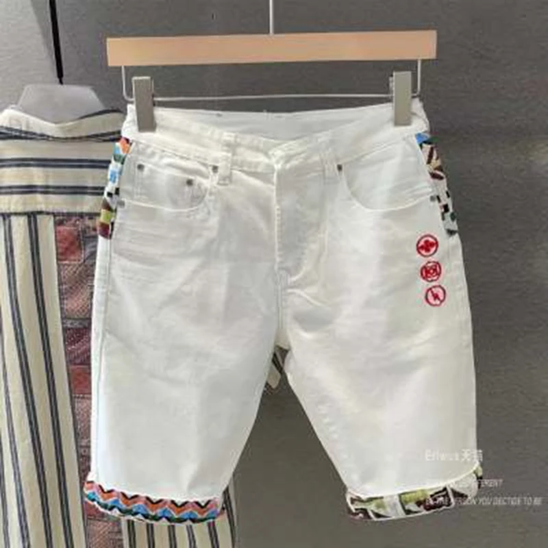 Summer New Denim Shorts Men\'s Stitching Embroidery Ripped Knee-length Shorts White 2024 Korean Fashion High Quality Jeans