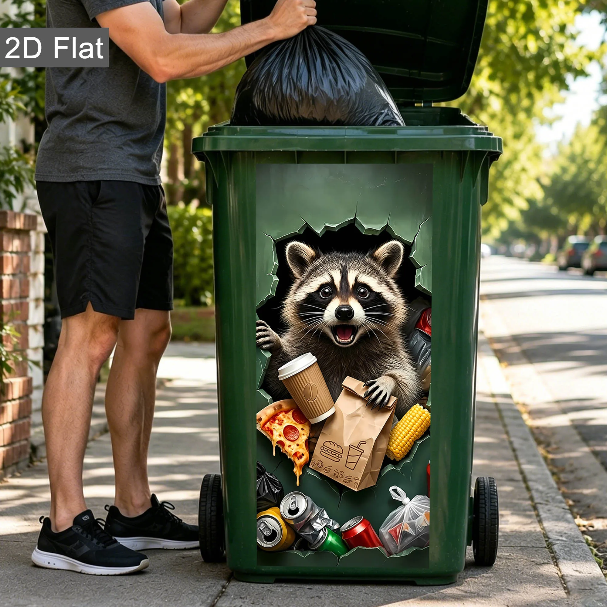 Funny Peeking Raccoon Crack Hole Wheelie Bin Sticker - Waterproof Peel & Stick Outdoor Garbage Can Decal, Decor for Yard