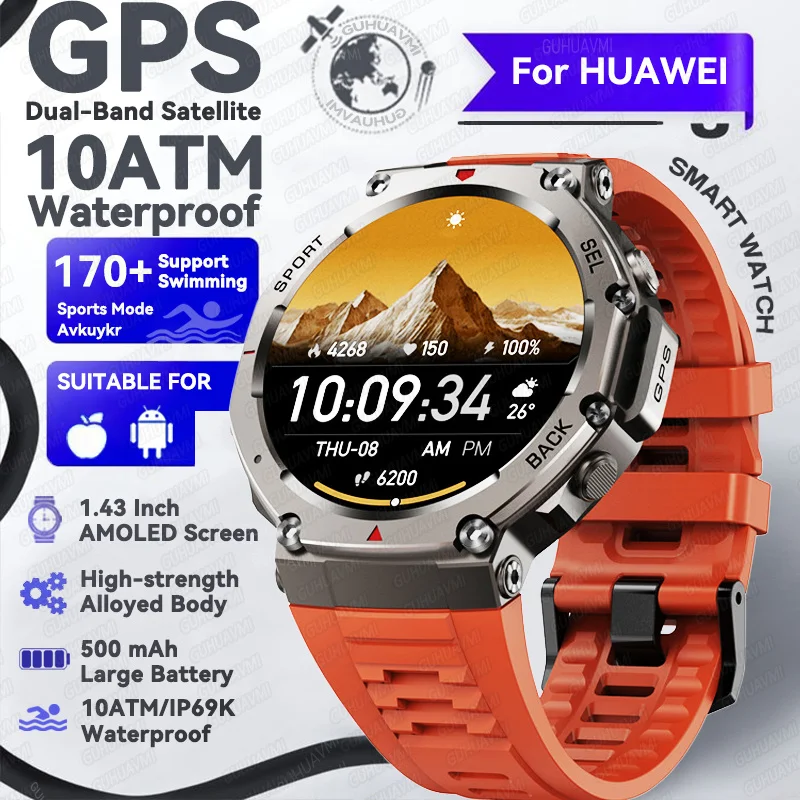 GUHUAVMI 2025 neue Militär-GPS-Smartwatch für Männer, 1,43 Zoll AMOLED-Bildschirm, IP69K, wasserdichter Kompass, 170 + Sportgesundheitsanruf, Smart-Armband 6