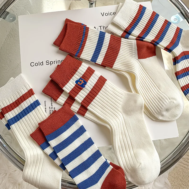 Socks Women's New  Harajuku Funny Mid Tube Striped College Style Sports All-match Cotton Socks Kawaii Rainbow Stockings