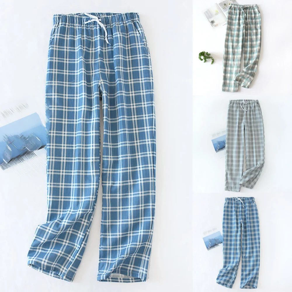 Trousers Pants Comfortable Sleepwear Soft Breathable Casual Cotton Elastic waist Loose Mens Pajama Pants Plaid