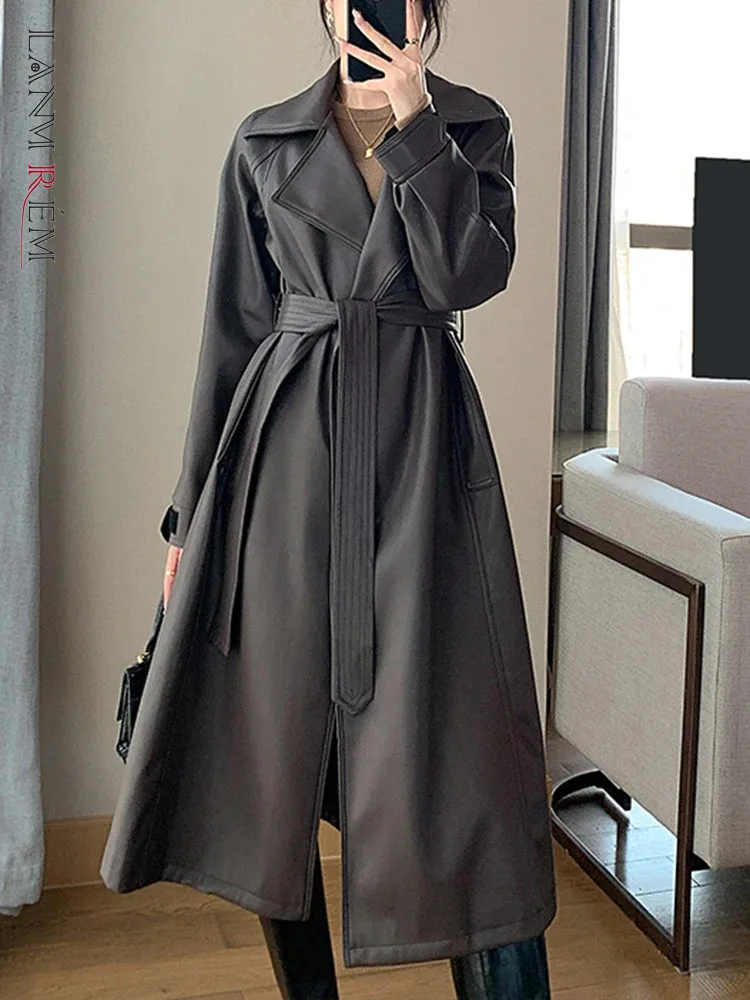 

LANMREM Streetwear PU Leather Long Coat Women Lapel Belt Gathered Waist Solid Color Clothing Fashion 2024 Spring New 2AA4521