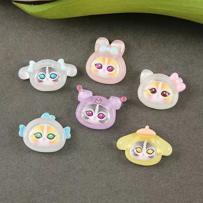 10Pcs New Cute Cartoon Animal Luminous Cat Head Resin Series Scrapbook DIY Bow Decor Accessories Crafts A135
