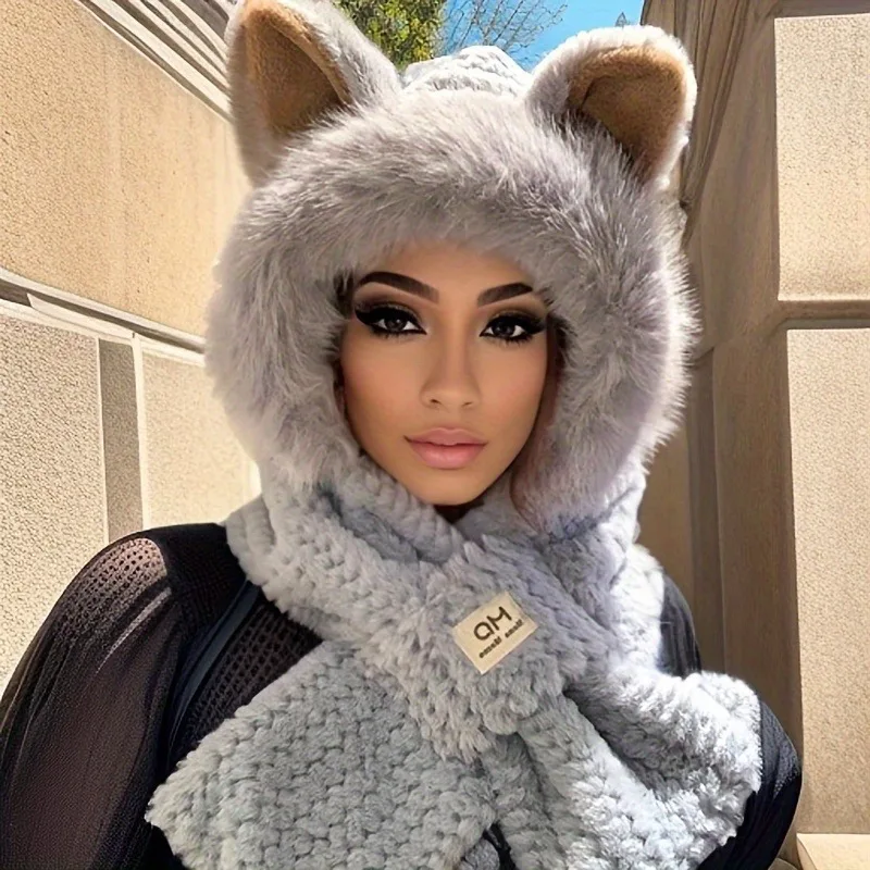 Nette Katze Ohr Hut Schal Frauen Mädchen Plüsch Winter Schal Kappe Set Dicke Warme Faux Pelz Hut Schals Hals Wärmer Outdoor Winddicht Acc