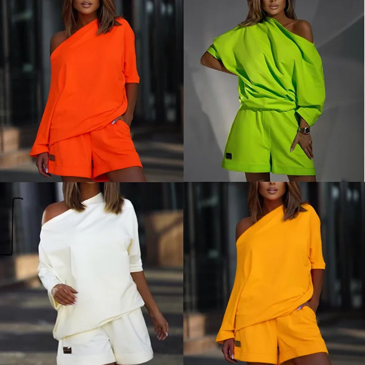 2026 Women's Two Piece Set One Shoulder Asymmetrical Top Shorts Casual Loose Fit Solid Color Soft Breathable Lightweight Outfit